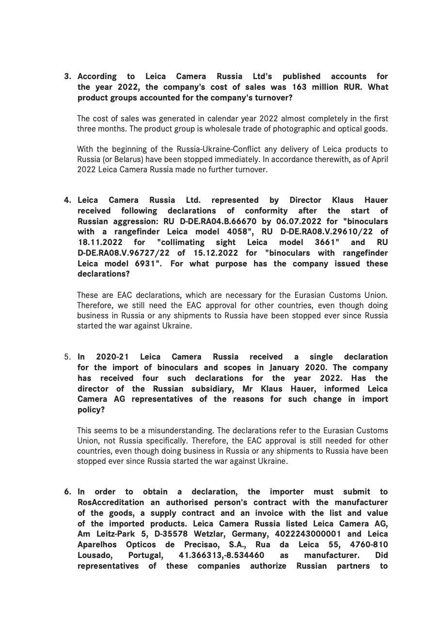 Leica Camera's reply to questions from The Insider from 09.06.2023