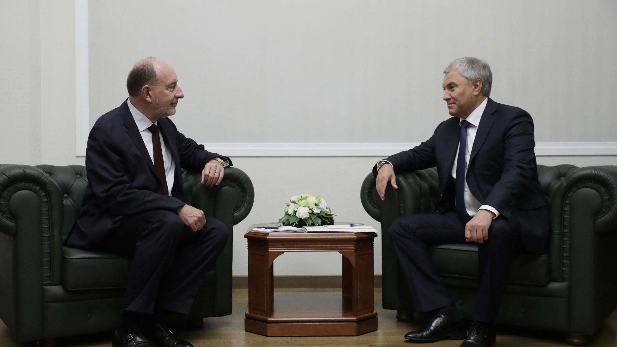 General Charles de Gaulle's grandson Pierre de Gaulle with State Duma Speaker Vyacheslav Volodin at a meeting in Moscow