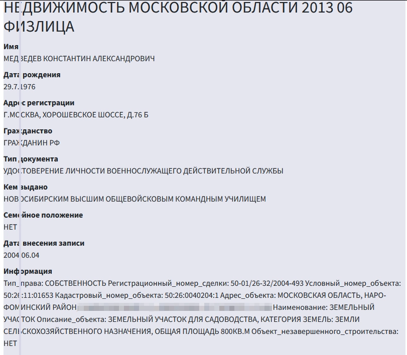 Extract from a leaked Moscow residential database showing that, as of 2013, Medvedev was registered at the GRU Military Diplomatic Academy's dormitory on Khoroshoveskoye Highway.
