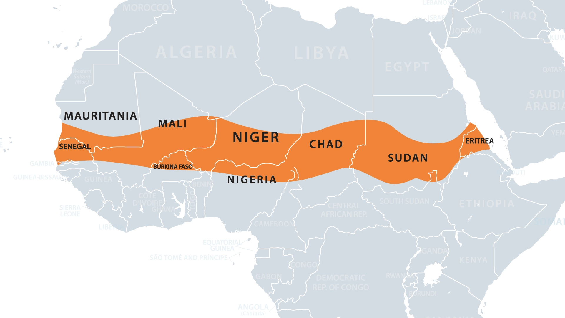 The Sahel is a broad semi-arid belt of Africa south of the Sahara Desert, stretching roughly from the Atlantic Ocean to the Red Sea. The name comes from the Arabic word for “shore” or “coast,” referring to the Sahel as the “shore” of the Sahara.